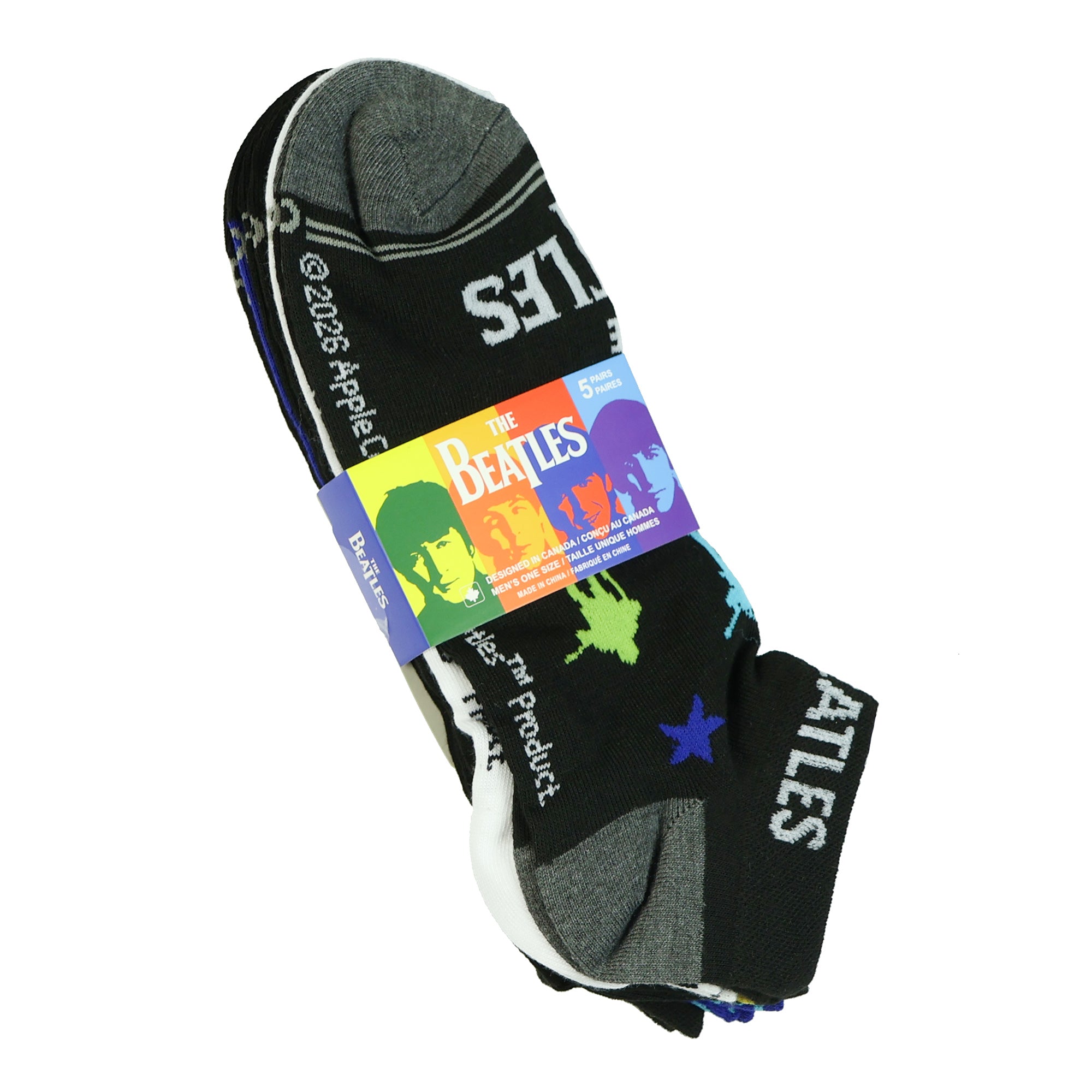 The Beatles Men's Assorted Band Designs 5-Pack Low Cut Ankle Socks, 5 Pair
