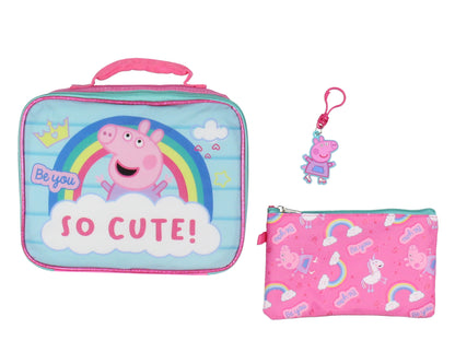Peppa Pig Backpack Lunch Box Drawstring Bag Keychain Pencil Case 5 Piece Set 16"