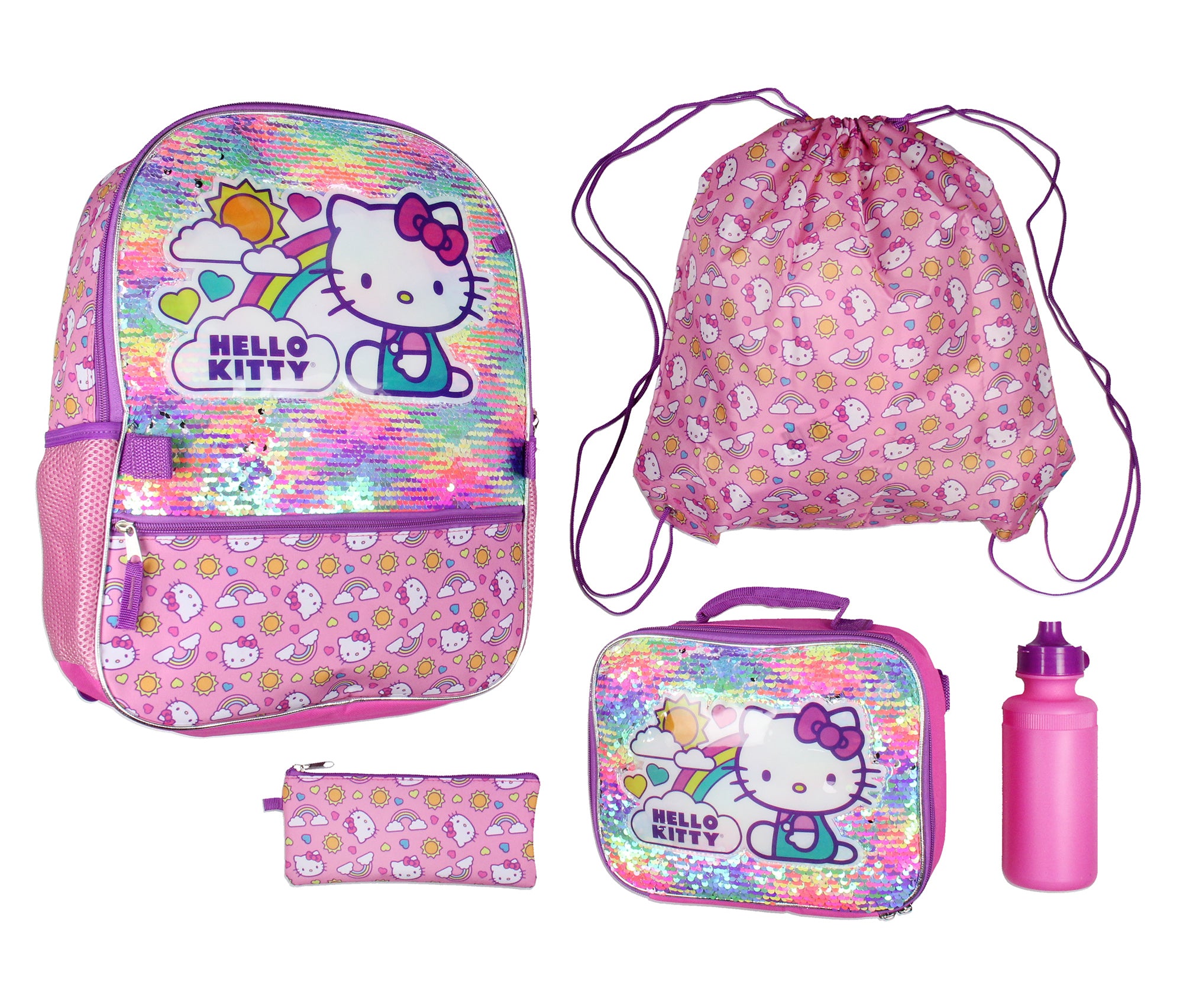 Sanrio Hello Kitty Backpack 5 Piece Set Lunch Bag Cinch Bag Gadget Case Water Bottle 16"