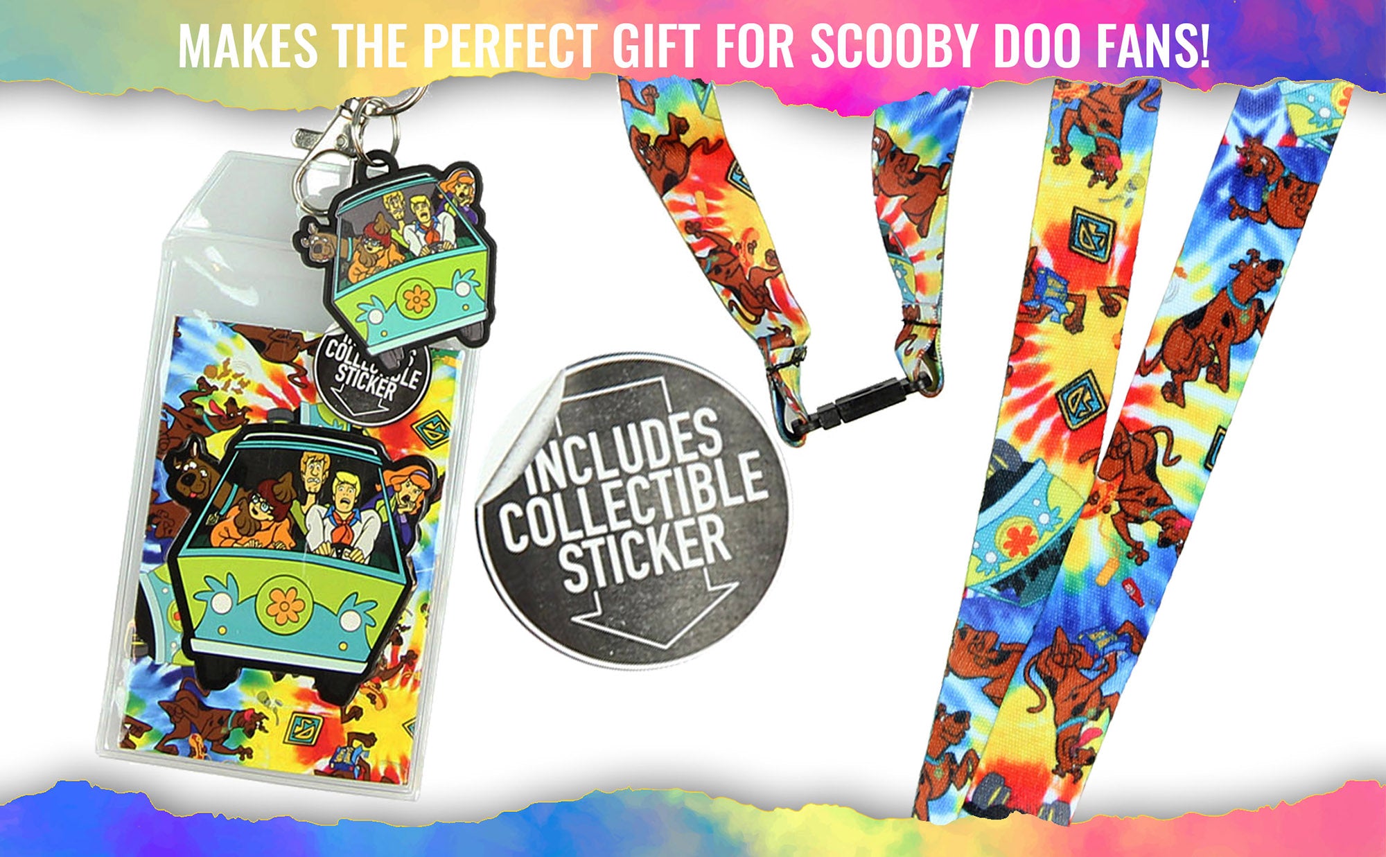 Scooby Doo Tie Dye Lanyard Keychain ID Holder Mystery Machine Charm and Sticker