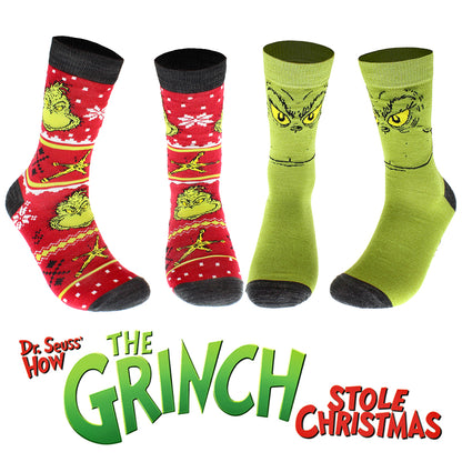 Dr. Seuss GRINCH Grinchmas Adult Holiday Crew Socks 2 Pair