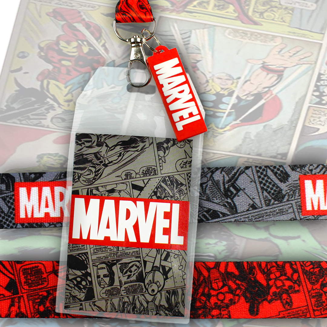 Marvel Lanyard ID Badge Holder And 2" Charm Pendant With Raised Script