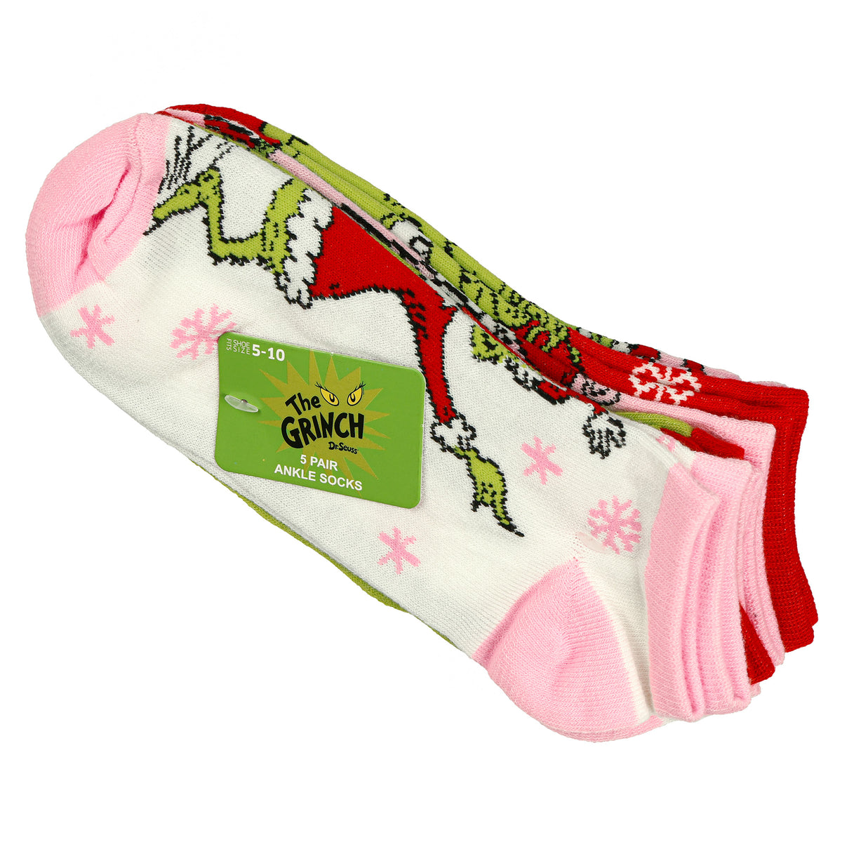 Dr. Seuss The Grinch Women's Festive Holiday 5-Pack Low Cut No-Show Socks