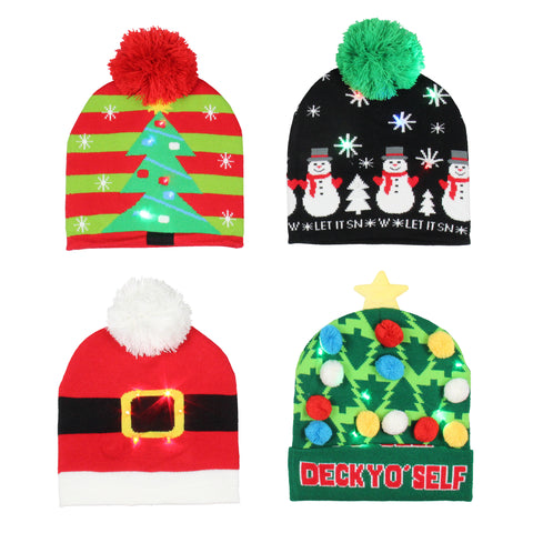 Festive Holiday Novelty Adult Light Up Knit Beanie Pom Pom Hat Cap OSFM