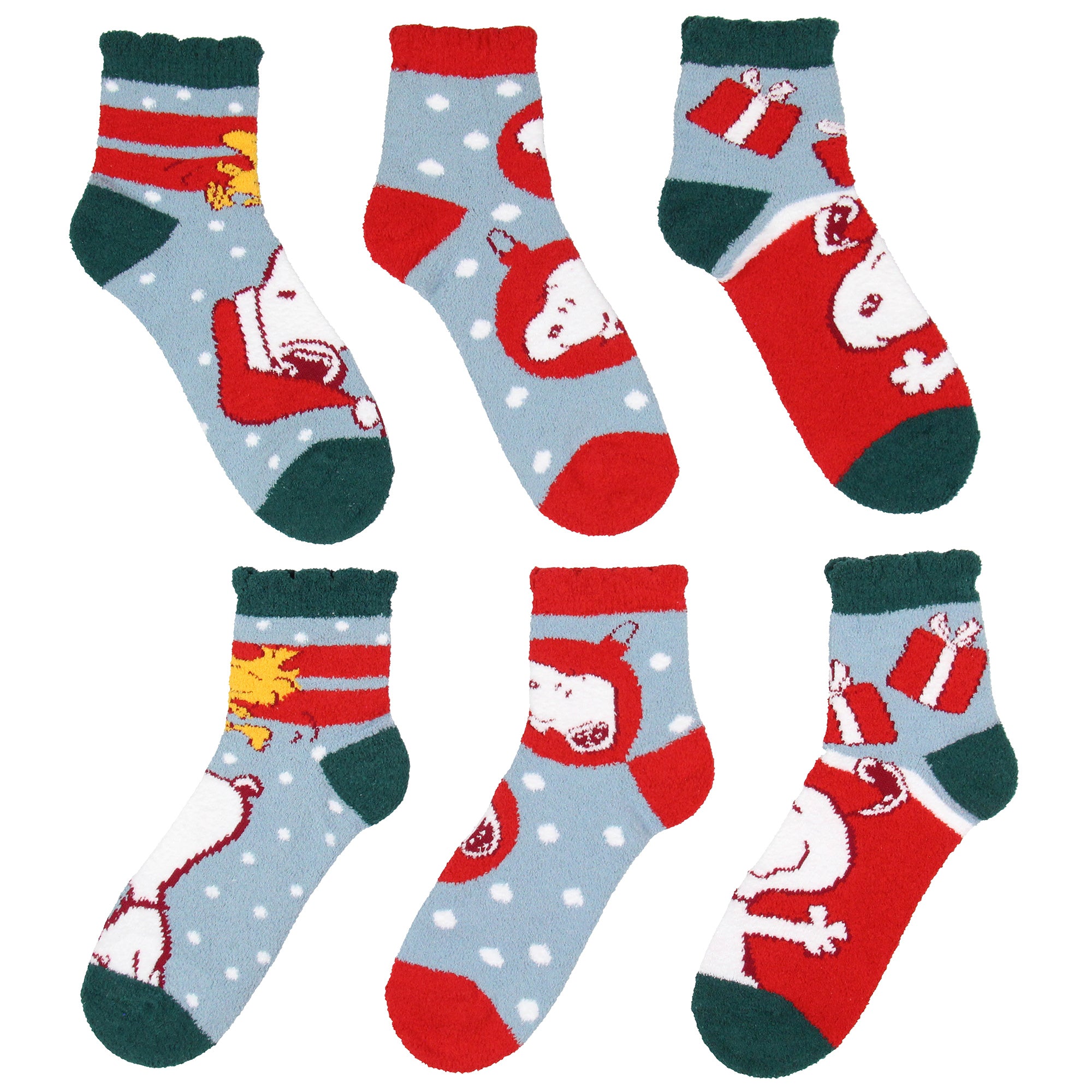Peanuts Snoopy and Woodstock Holiday 3 Pair Chenille Quarter Crew Socks