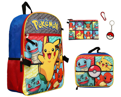 Pokemon 5 Piece Backpack Set Supply Case Key Chain Pendant Kids Backpack Set 16"