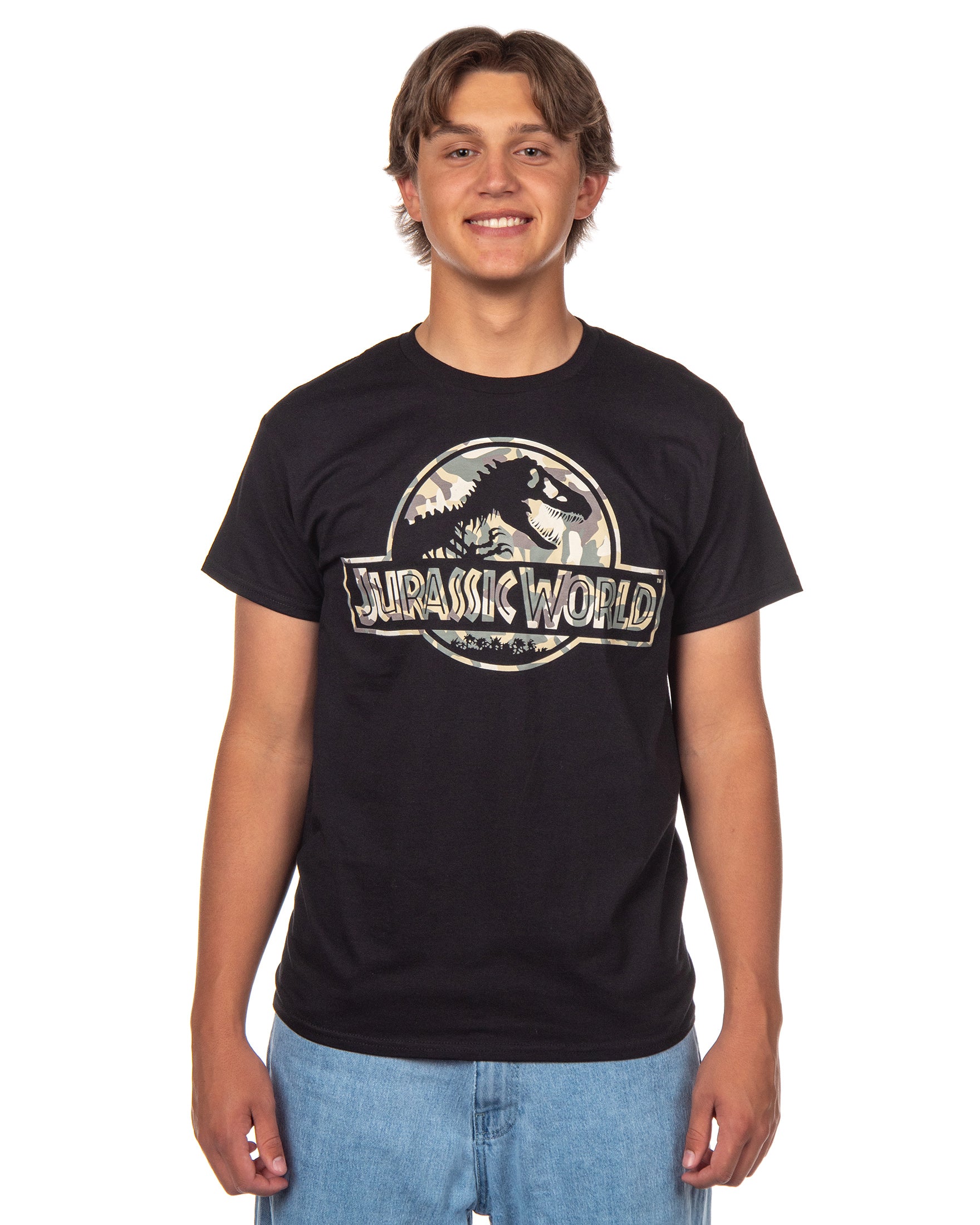 Jurassic World Men's T-Shirt Camo Filled Logo Design Short Sleeve Tee (X-Large)