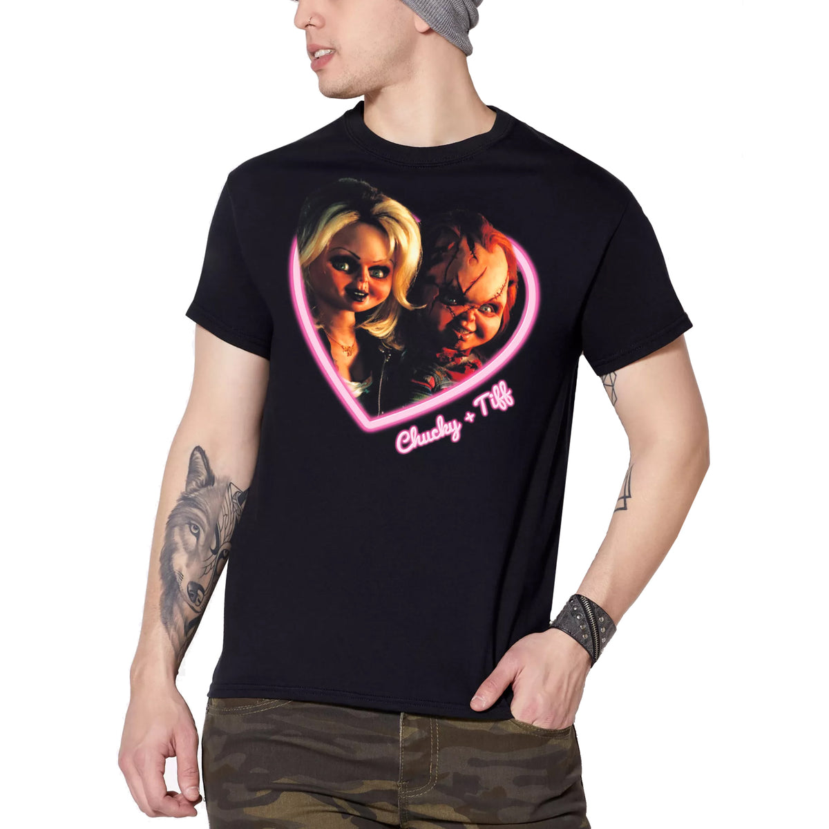 Chucky T-Shirt Men's Chucky And Tiffany in Heart Short Sleeve Graphic Top