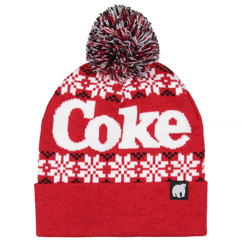 Coca-Cola Coke Fair isle Sweater Knit Polar Bear Logo Folded Cuff Pom Beanie