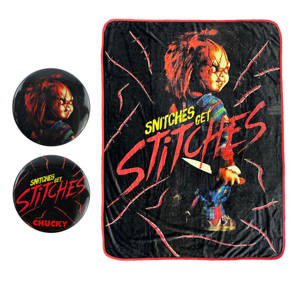 Child's Play Throw Blanket Snitches Get Stitches Soft Blanket With Buttons 45" x 60"