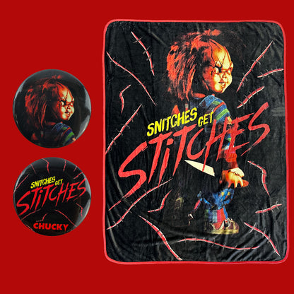 Child's Play Throw Blanket Snitches Get Stitches Soft Blanket With Buttons 45" x 60"