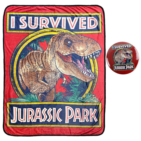 Jurassic Park Throw Blanket I Survived T-Rex Fleece Blanket With Button 45" x 60"