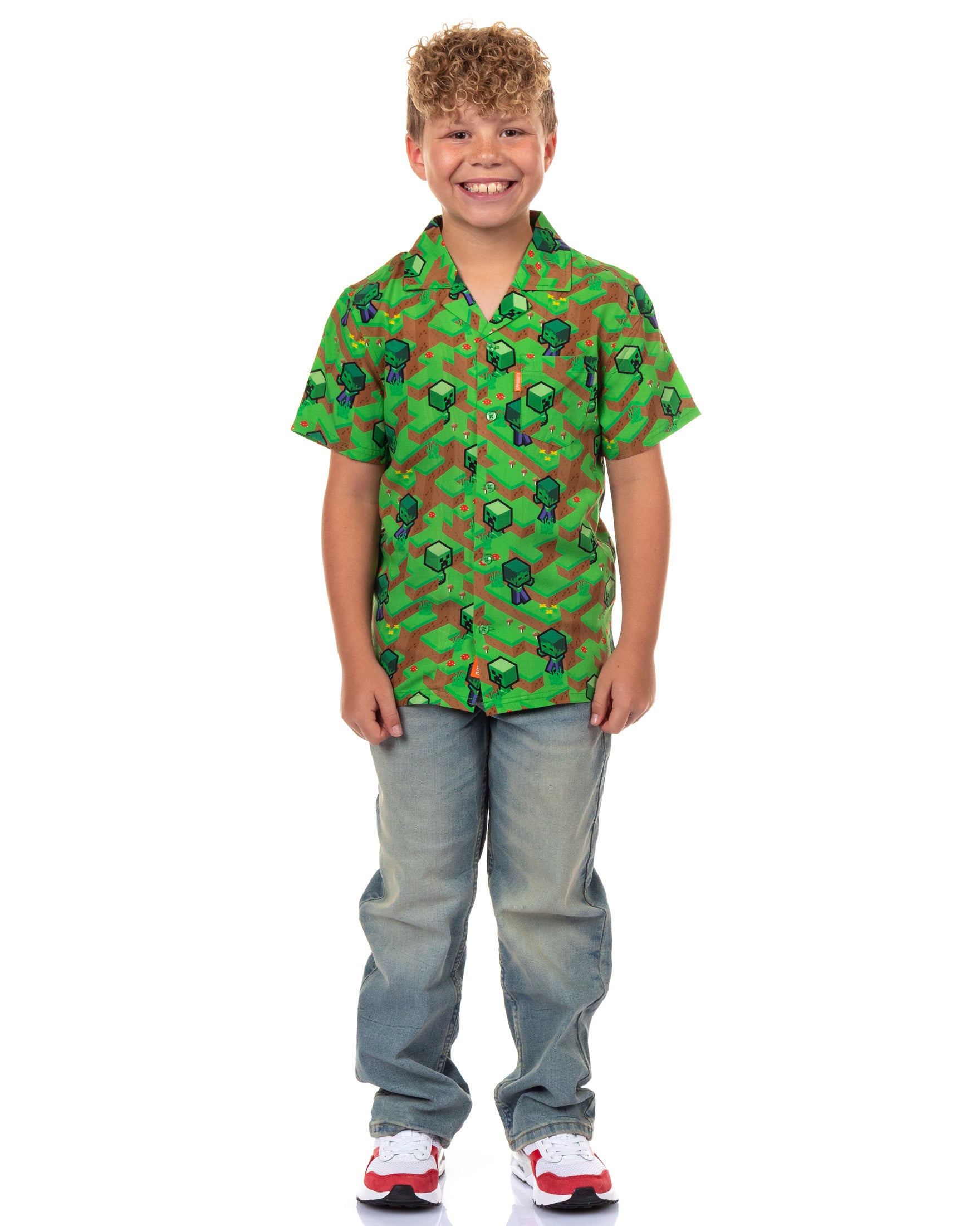 Minecraft Hawaiian Shirt Boys' The Overworld Woven Button Up Collared Top