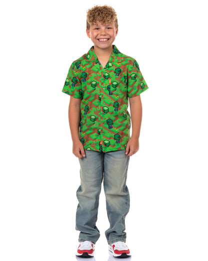 Minecraft Hawaiian Shirt Boys' The Overworld Woven Button Up Collared Top