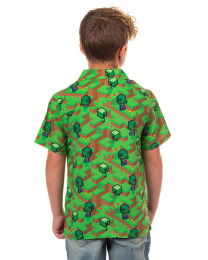 Minecraft Hawaiian Shirt Boys' The Overworld Woven Button Up Collared Top
