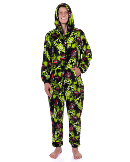Minecraft Union Suit Creeper Design Adult Zip-Up Hooded Pajamas