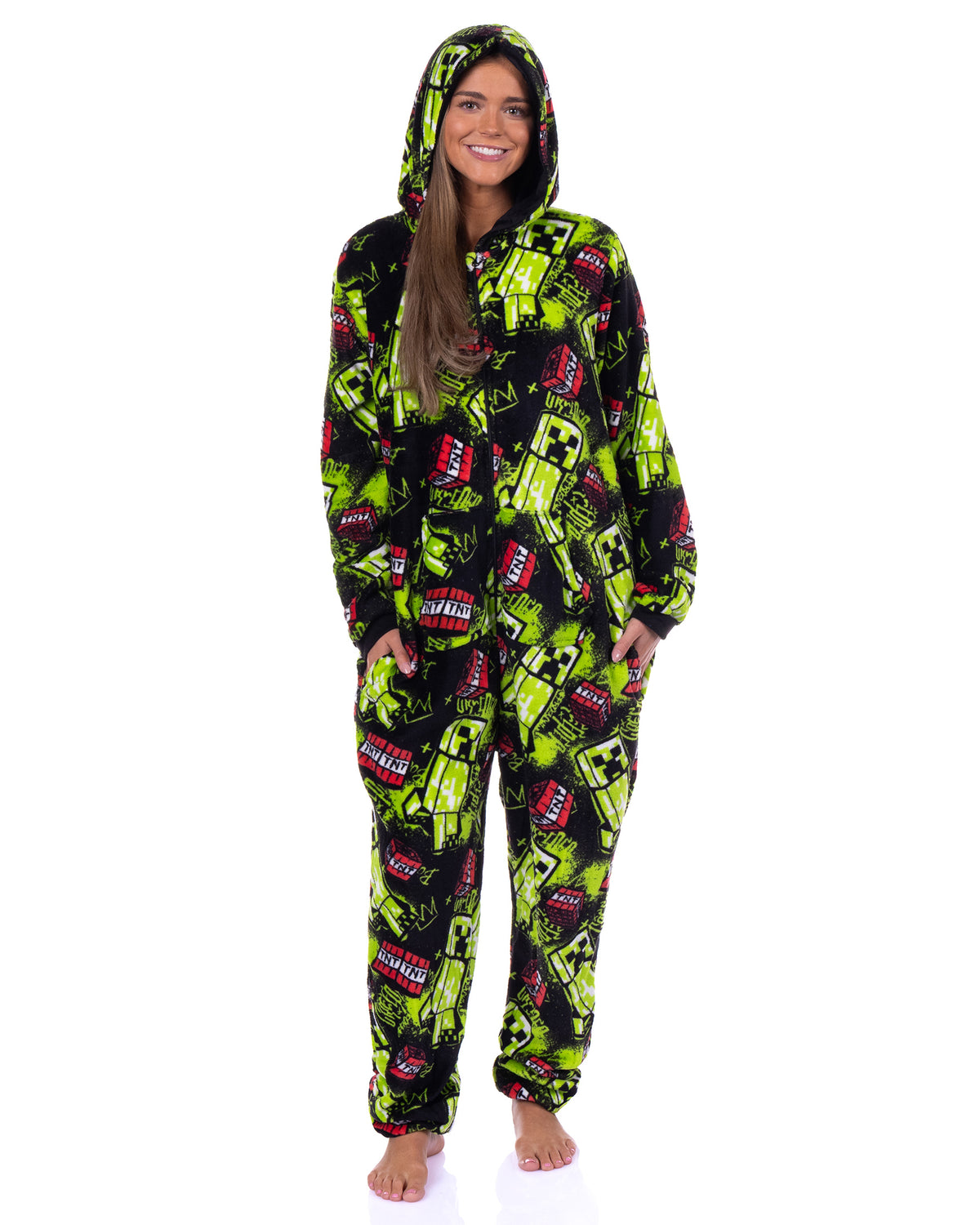 Minecraft Union Suit Creeper Design Adult Zip-Up Hooded Pajamas