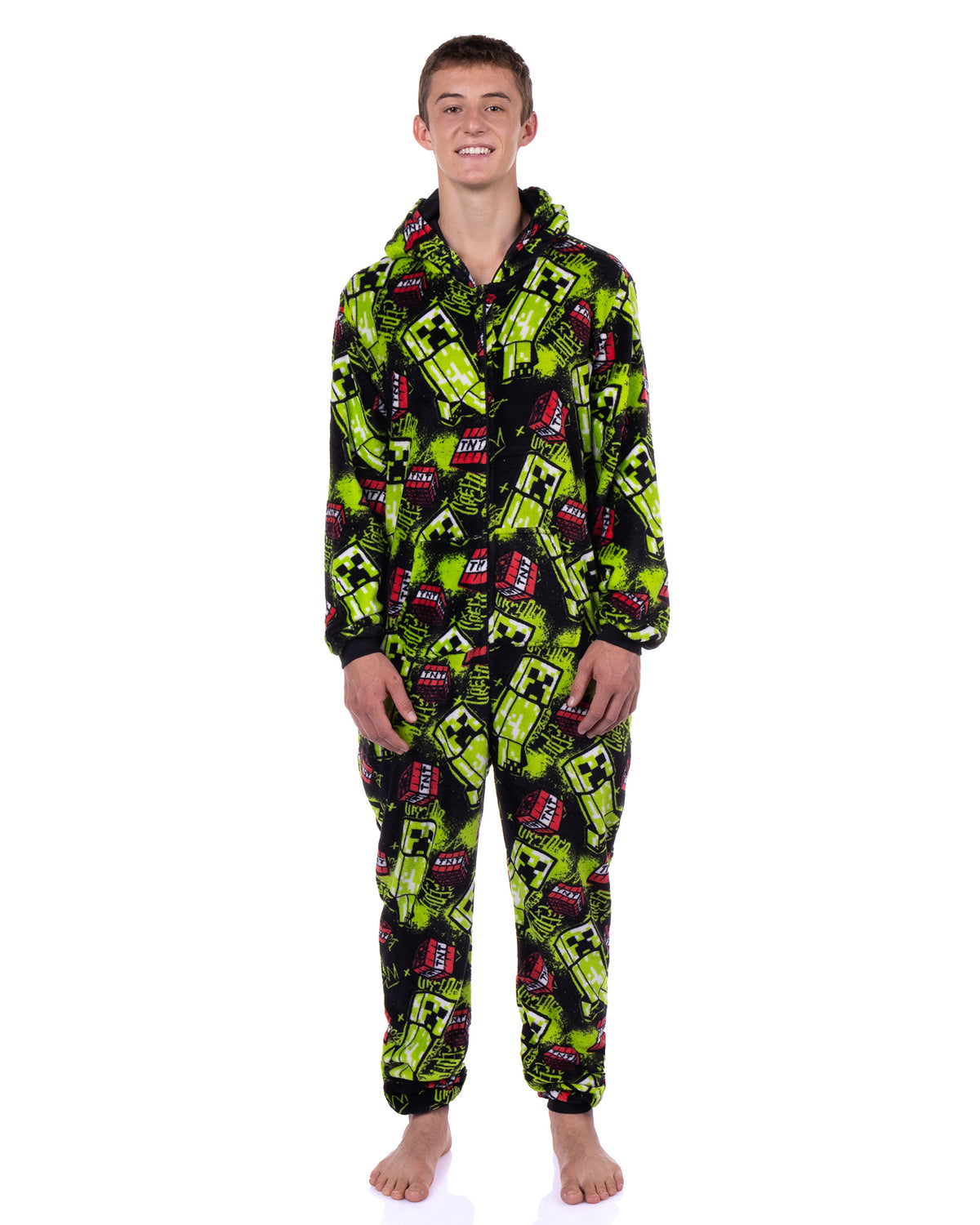 Minecraft Union Suit Creeper Design Adult Zip-Up Hooded Pajamas