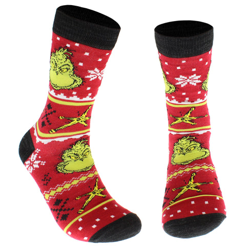 Dr Seuss The Grinch Adult Ugly Sweater Holiday Crew Socks 1 Pair Sock Size 10-13