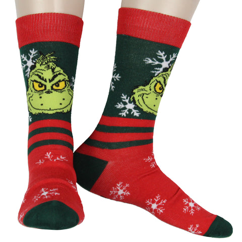 Dr. Seuss The Grinch Men's Grinch Face Snowflake with Stripe Mid-Calf Crew Socks