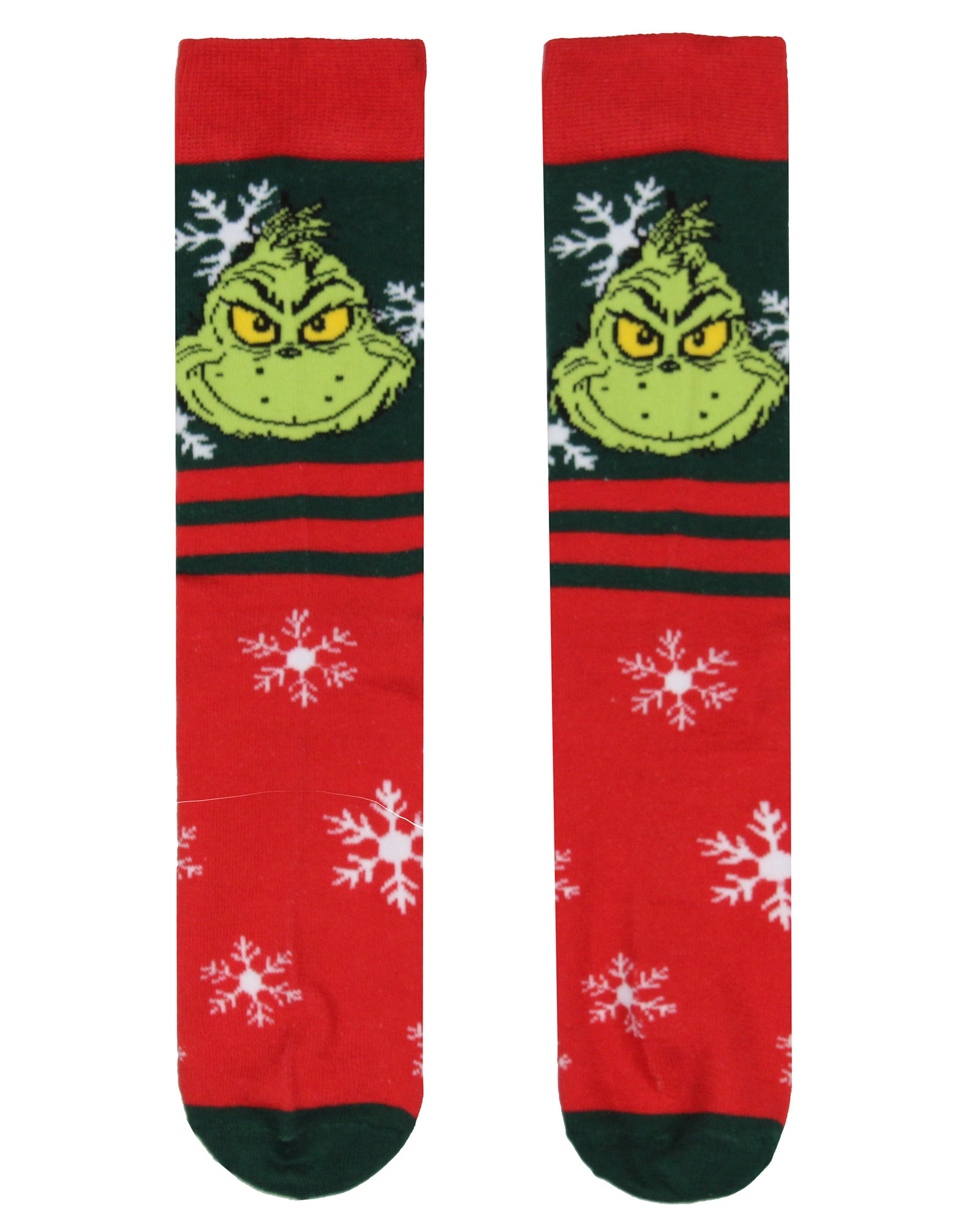 Dr. Seuss The Grinch Men's Grinch Face Snowflake with Stripe Mid-Calf Crew Socks