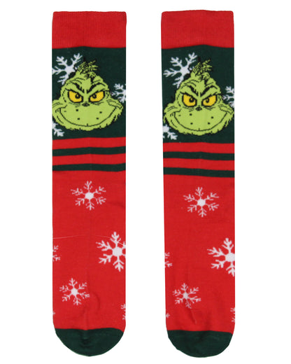 Dr. Seuss The Grinch Men's Grinch Face Snowflake with Stripe Mid-Calf Crew Socks