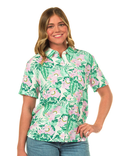 Care Bears Hawaiian Shirt Junior Women's Cheer Bear Tropical Button Up Top