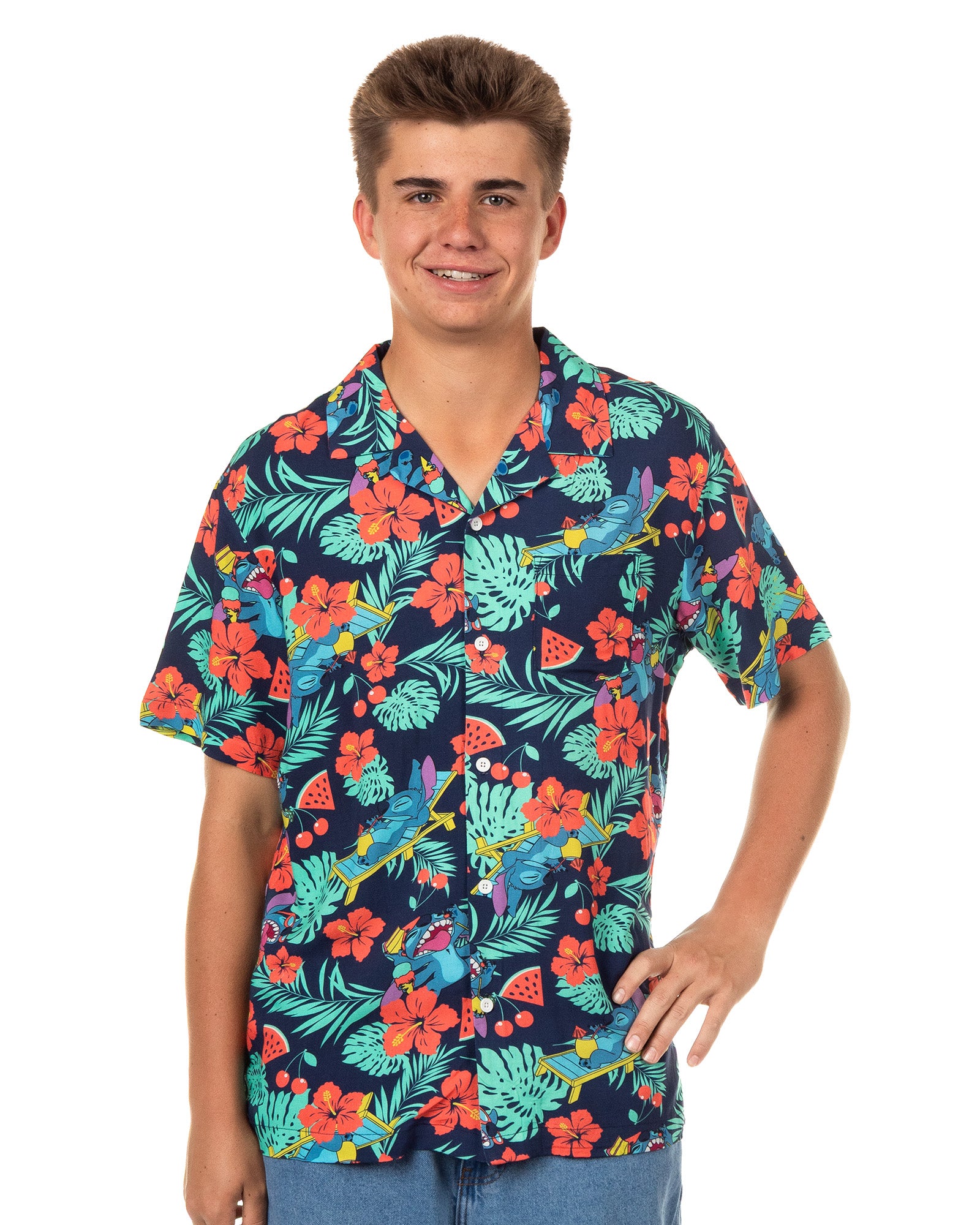 Disney Lilo and Stitch Men's Hawaiian Shirt Tropical Party Button Up Top