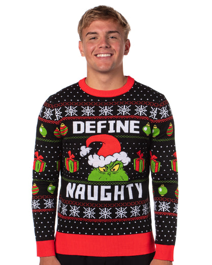 Dr. Seuss GRINCH Men's Define Naughty Ugly Sweater for Christmas
