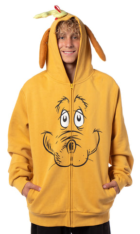 Dr Seuss Men's The Grinch Max The Dog Face Christmas Zip Up Hoodie Sweatshirt