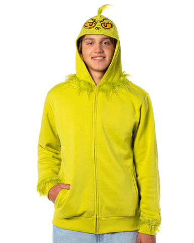 Dr Seuss Men's The Grinch Faux Hair Costume Character Zip-Up Hoodie