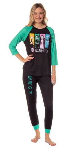 Demon Slayer Women's Character Panels Kanji Raglan Lounge Pajama Sleep Set