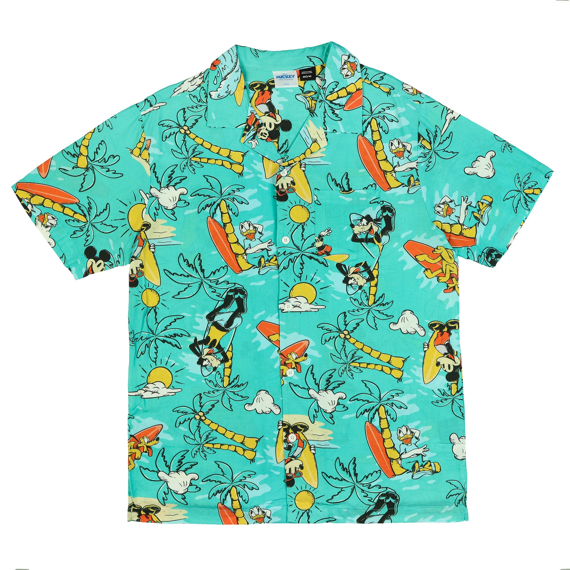 Disney Mickey and Friends Teal Tropical Hawaiian Shirt Men's Button Up Top