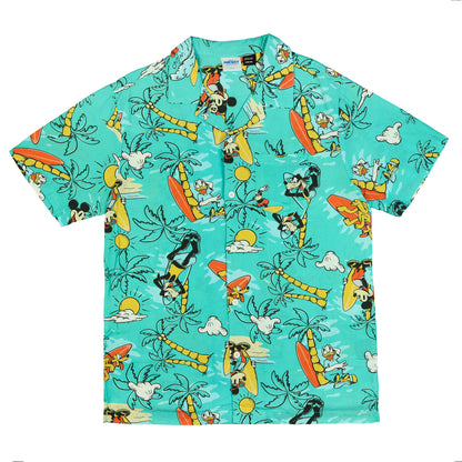 Disney Mickey and Friends Teal Tropical Hawaiian Shirt Men's Button Up Top