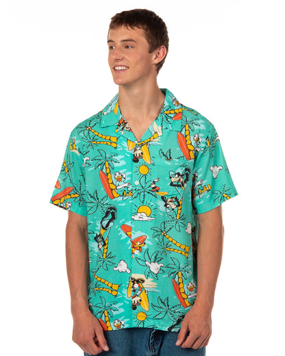 Disney Mickey and Friends Teal Tropical Hawaiian Shirt Men's Button Up Top