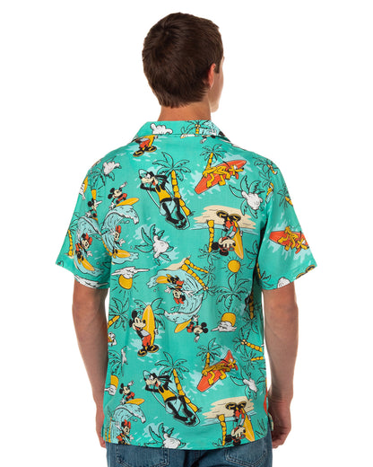 Disney Mickey and Friends Teal Tropical Hawaiian Shirt Men's Button Up Top