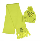 Dr. Seuss The Grinch Embroidered Design Knit Scarf and Pom Beanie Set