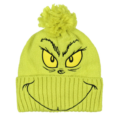 Dr. Seuss The Grinch Embroidered Design Knit Scarf and Pom Beanie Set