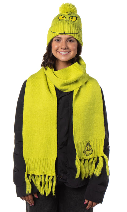 Dr. Seuss The Grinch Embroidered Design Knit Scarf and Pom Beanie Set