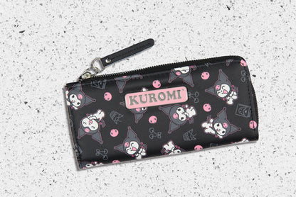 Kuromi Allover Design Faux Leather Full Zip Wallet With Metal Badge