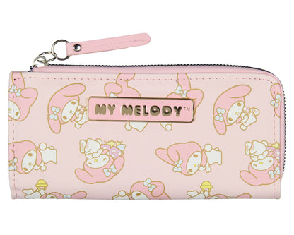 My Melody Allover Design Faux Leather Full Zip Wallet Metal Logo Badge