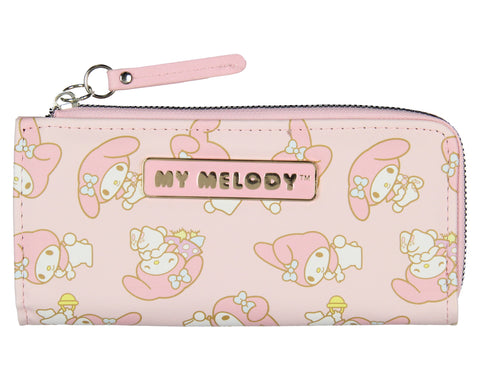 My Melody Allover Design Faux Leather Full Zip Wallet Metal Logo Badge