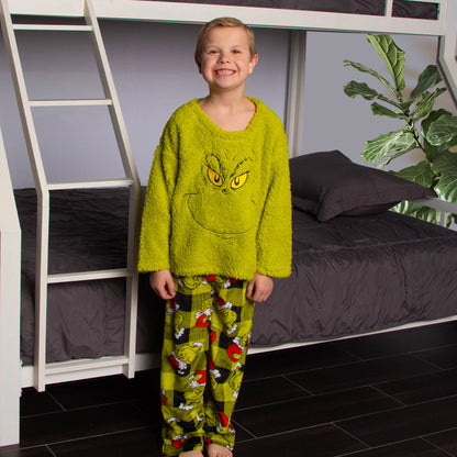 Dr. Seuss GRINCH Santa Plaid Plush Fleece Pajama Sleep Set