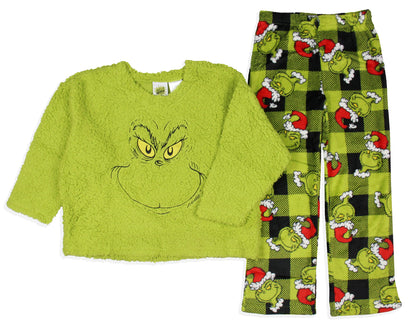 Dr. Seuss GRINCH Santa Plaid Plush Fleece Pajama Sleep Set