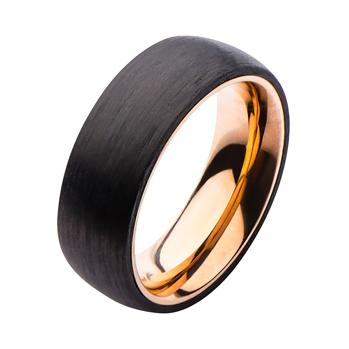 Inox Solid Carved Carbon Graphite Band on IP Rose Gold Stainless Steel Ring. Available Sizes: 9 - 12