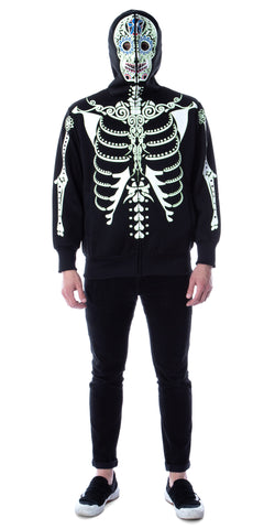 Men's Glow in The Dark Skeleton Costume Zip Hoodie (Dia De Los Muertos, Large)