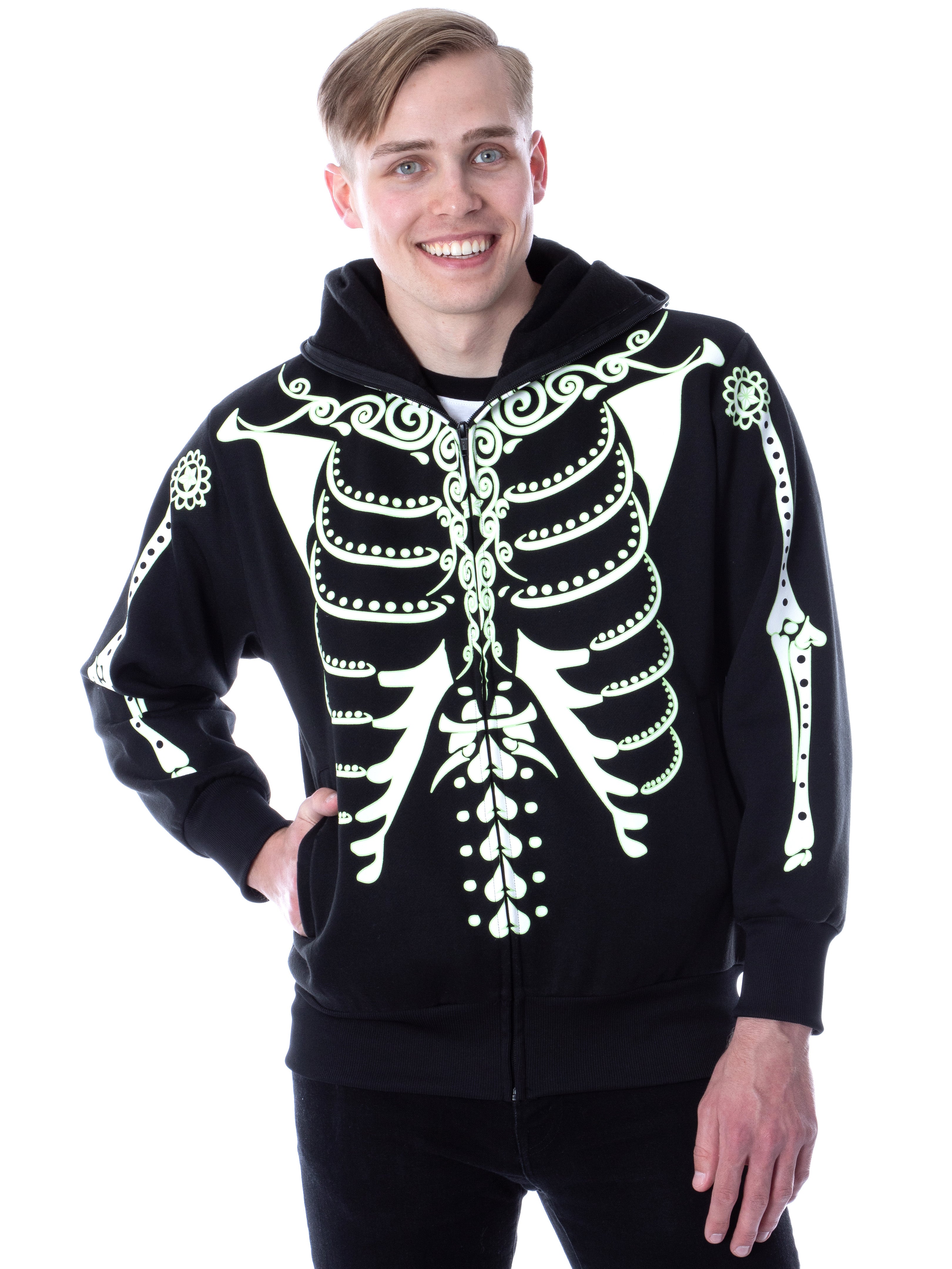 Men's Glow in The Dark Skeleton Costume Zip Hoodie (Dia De Los Muertos, Large)