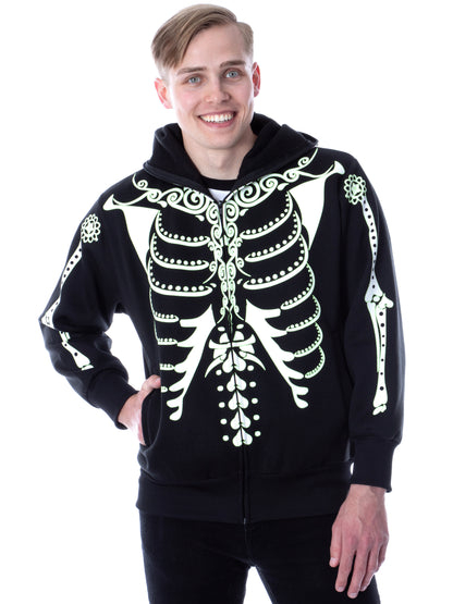 Men's Glow in The Dark Skeleton Costume Zip Hoodie (Dia De Los Muertos, Large)