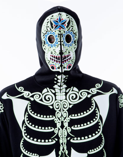 Men's Glow in The Dark Skeleton Costume Zip Hoodie (Dia De Los Muertos, Large)