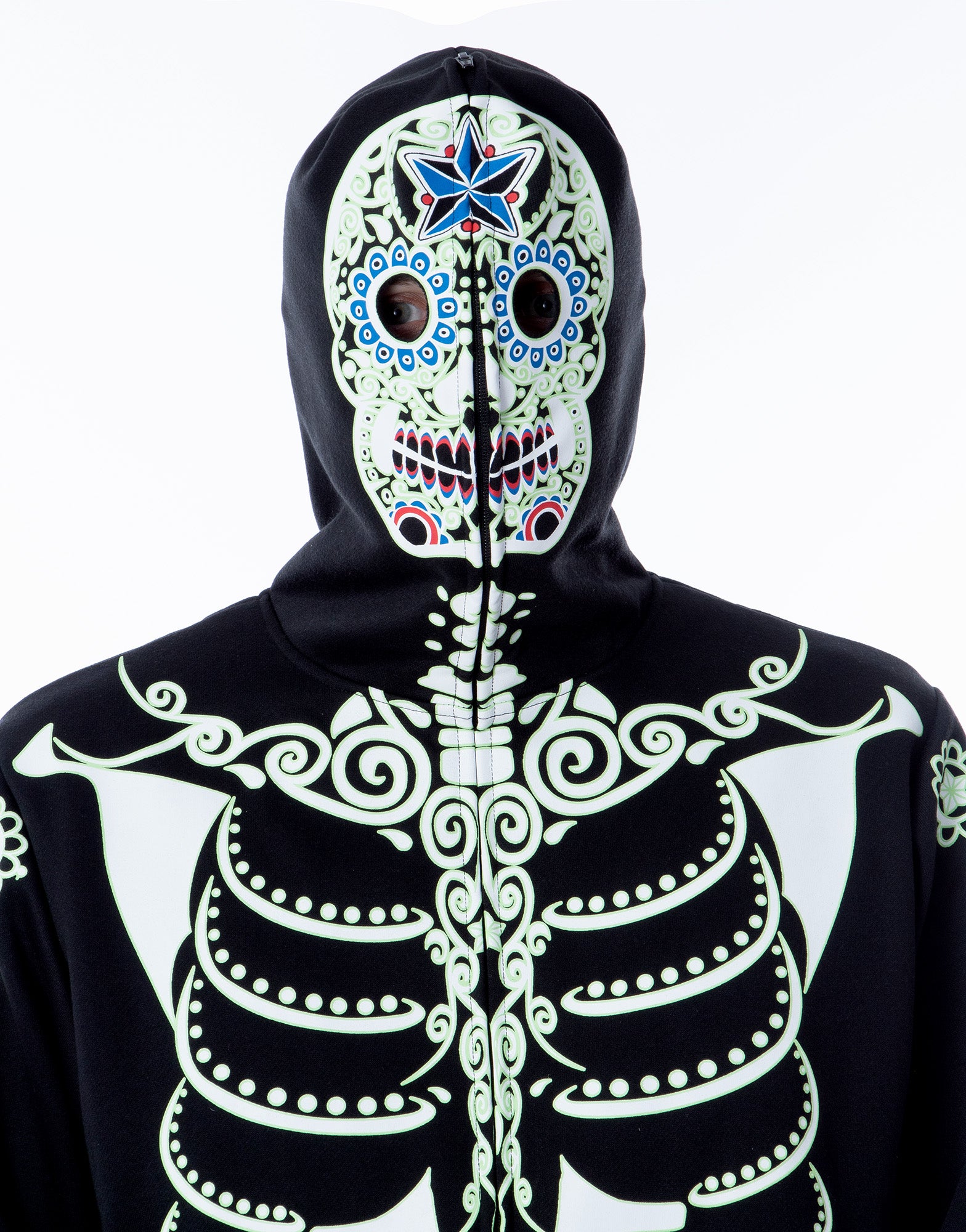 Men's Glow in The Dark Skeleton Costume Zip Hoodie (Dia De Los Muertos, Large)